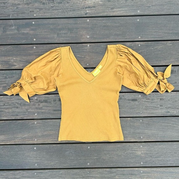 Maeve Tops - Mustard Yellow Gold Maeve by Anthropologie Ribbed Top w/ Puff Bow Short Sleeves